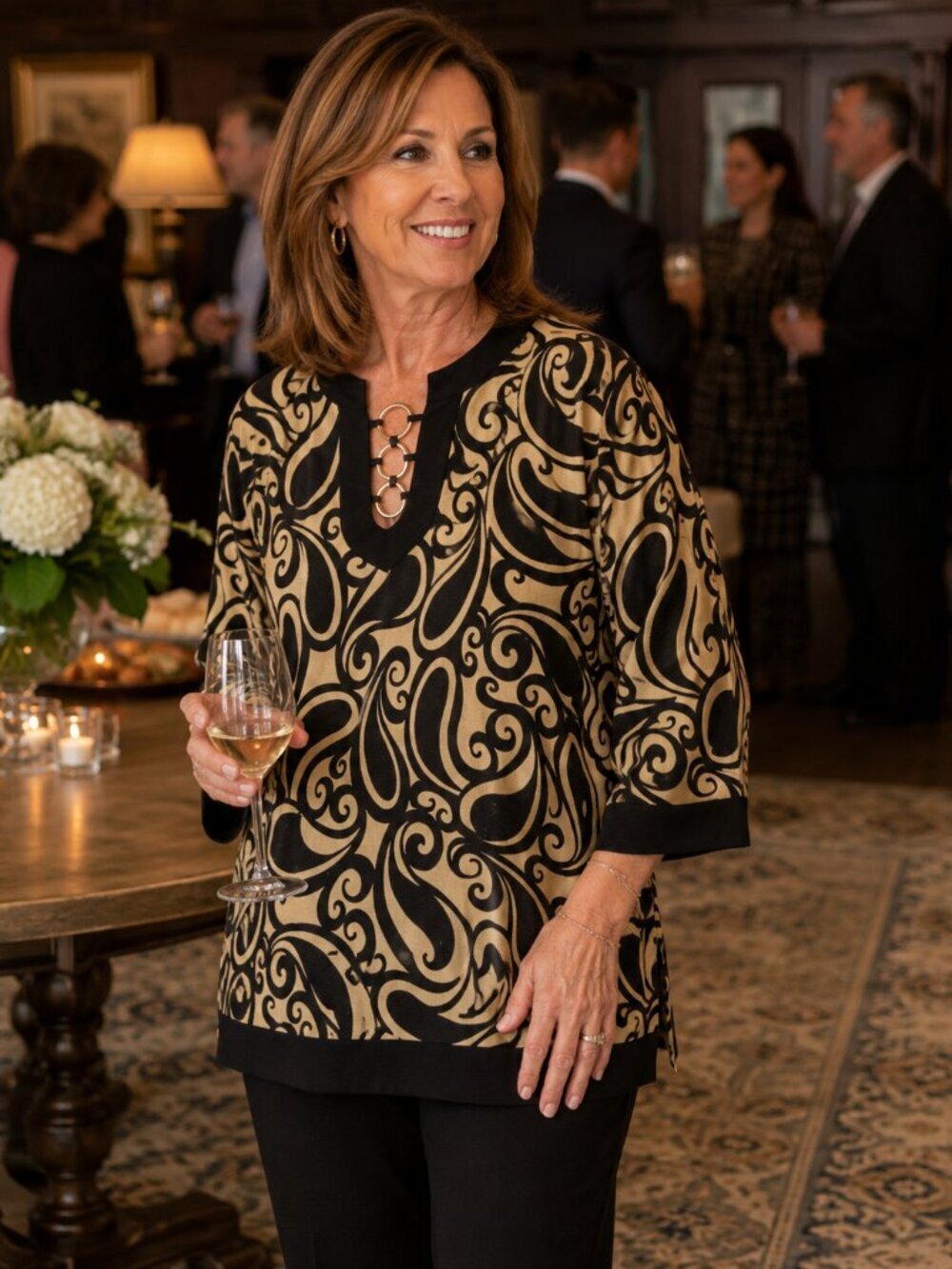 August Silk Shimmering Black and Cream V-Neck Sweater